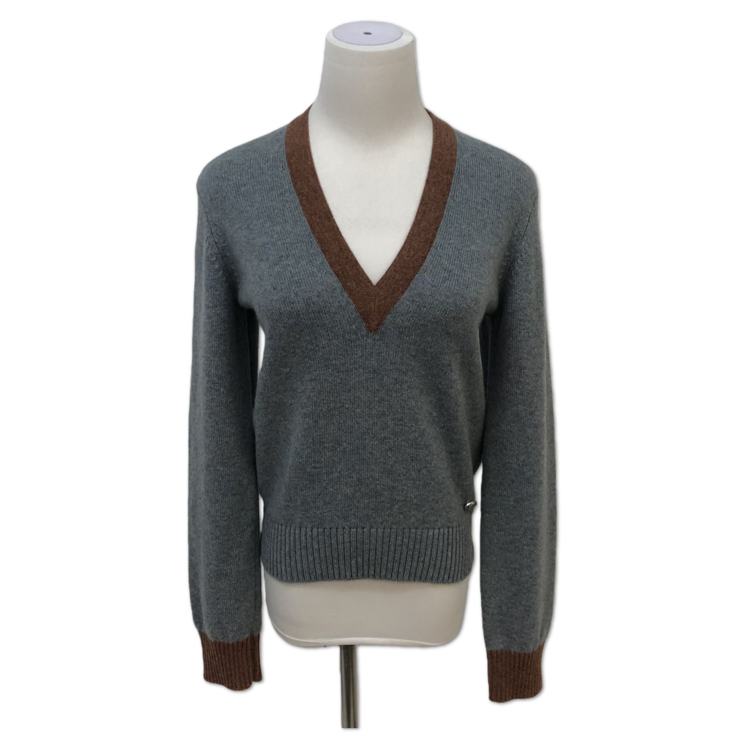 Chanel Grey V-Neck Brown-Trim Knit Sweater size 36 C19183438372