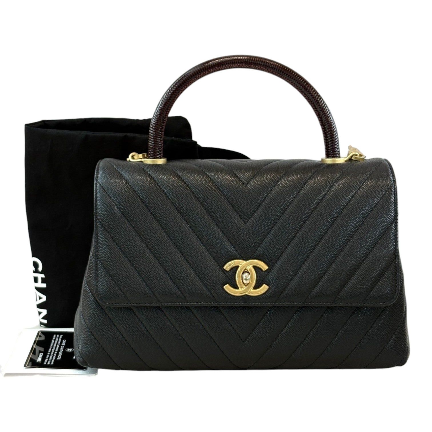 Chanel Medium Black Coco Handle with Lizard Handle and Chevron Stitching