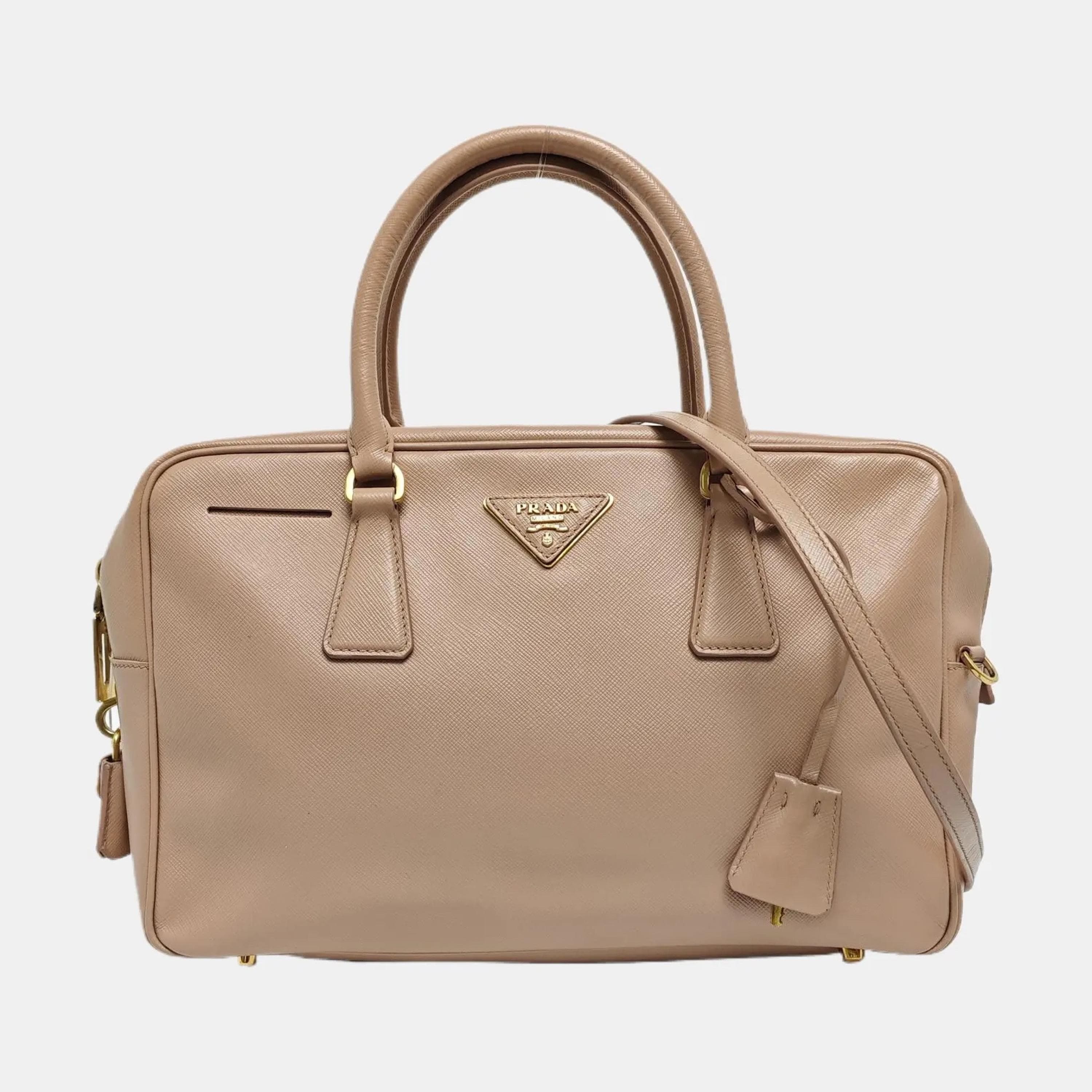 Prada Saffiano Lux Beige Leather Bauletto Bag C356063