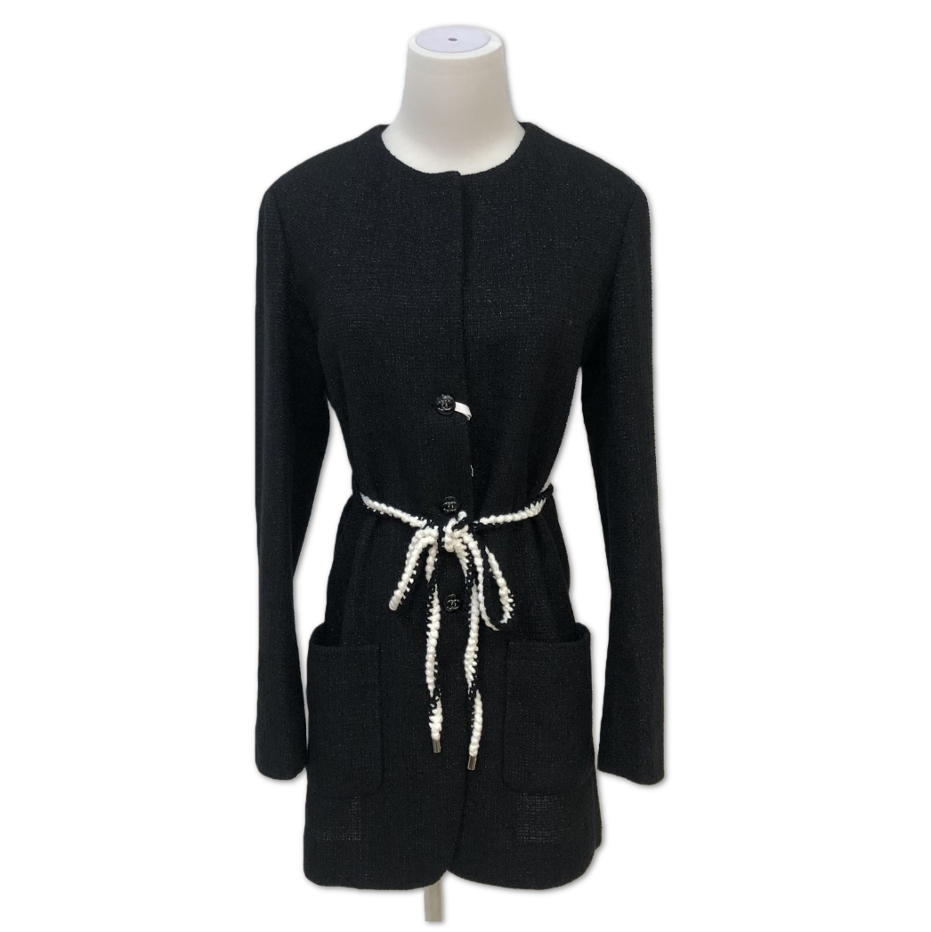 Chanel Black Tweed Braided Tie-Waist Long Jacket size 36 C19187908205