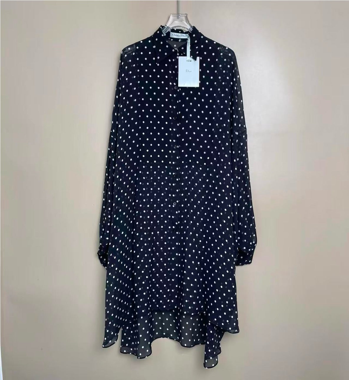 Dior women's black silk blouse with all-over white polka dot logo and small bee design, size 36, brand new with tags. LZ260625HG9962