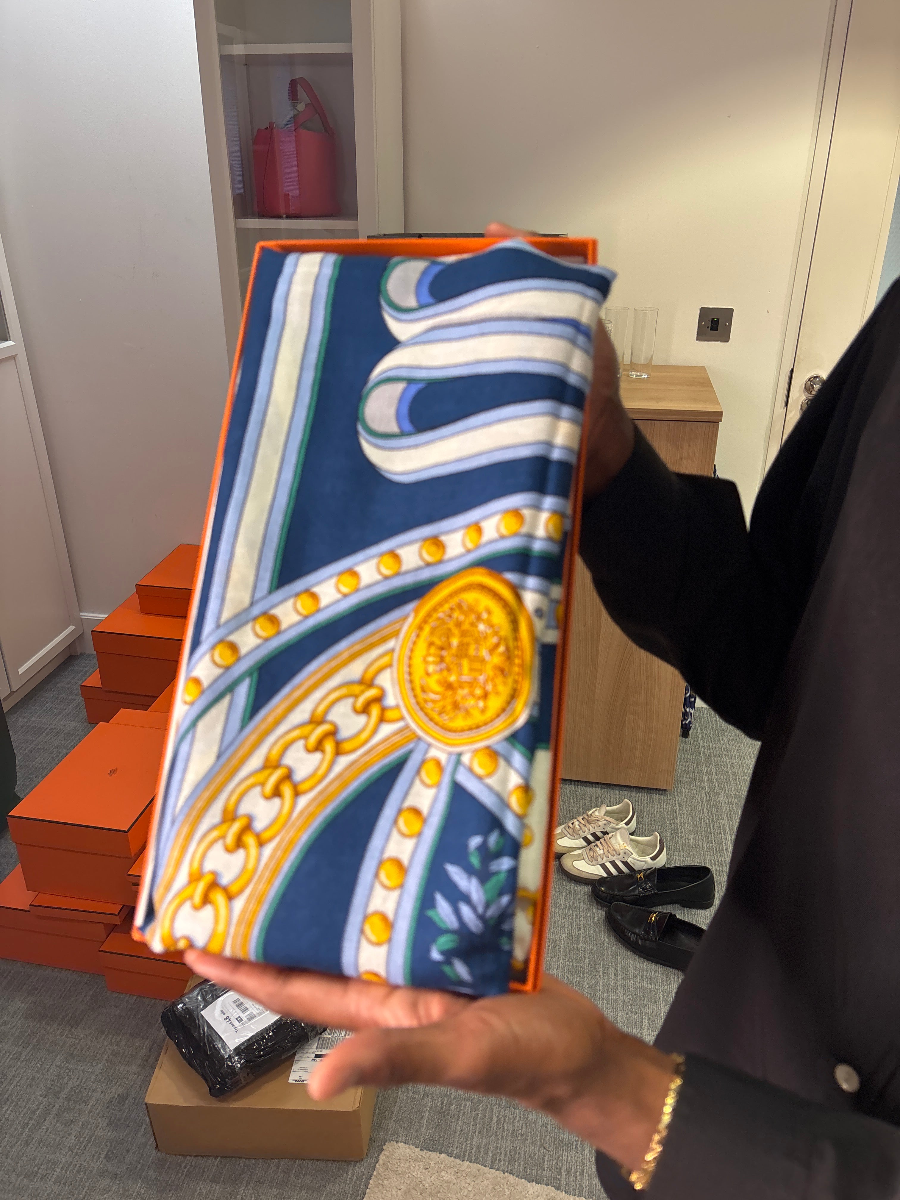 Hermès Silk 70-1 – Equestrian Romance with Blue Heart and Pastel Figures ALC3482