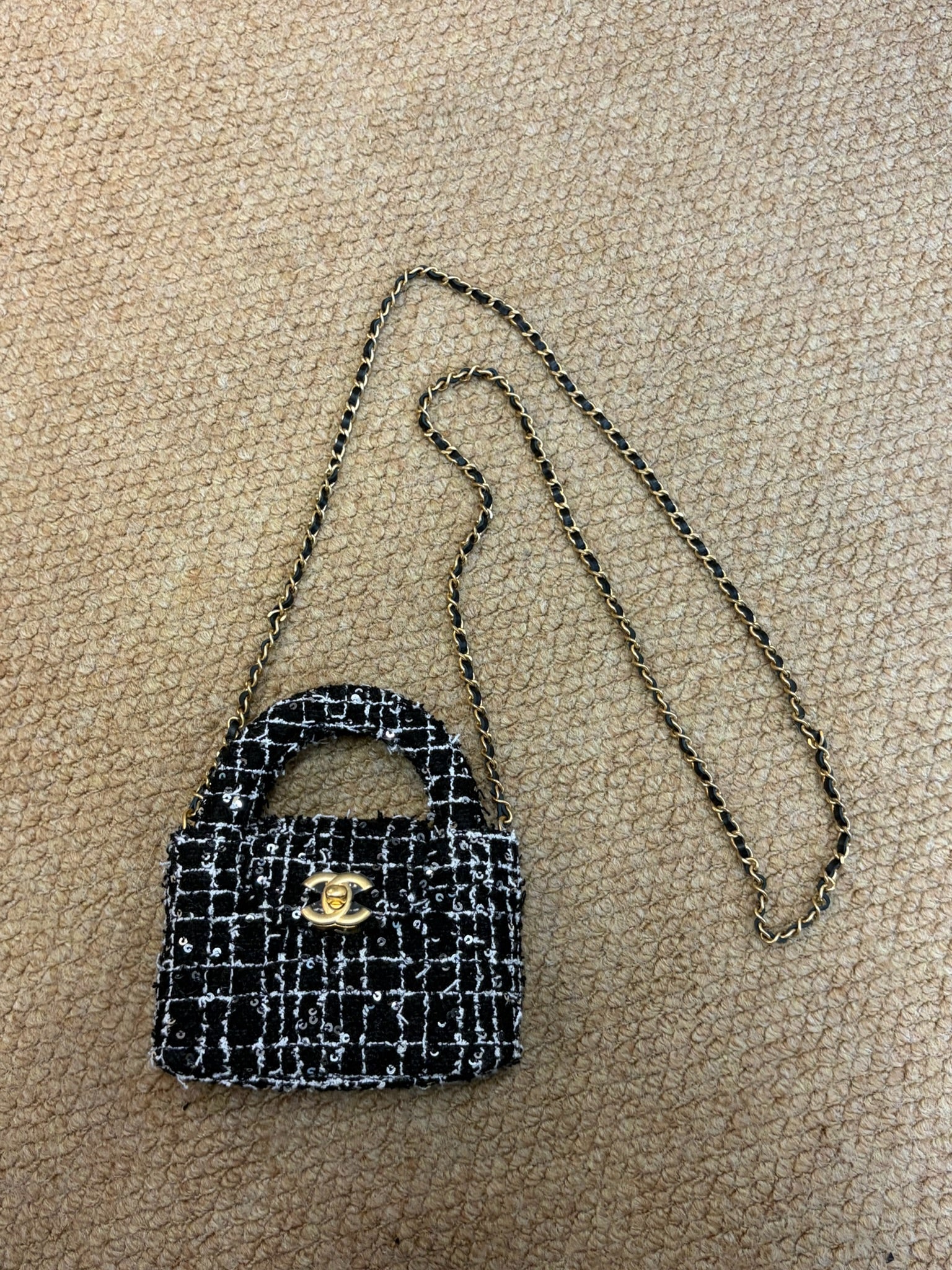 Chanel Tweed Quilted Nano Kelly Shopper Black White