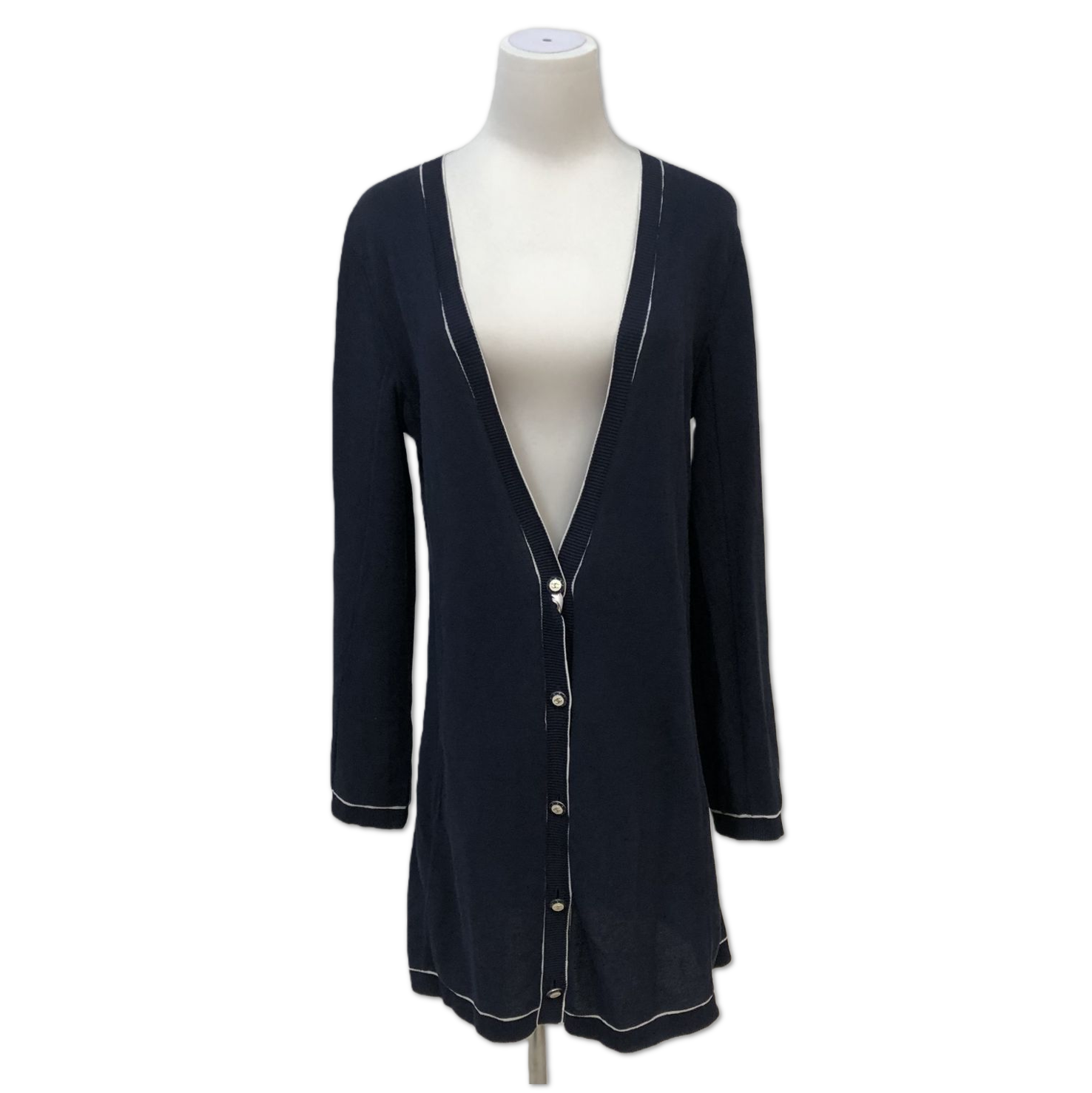 Chanel Navy Contrast-Trim Longline V-Neck Cardigan size 40 C18945862042