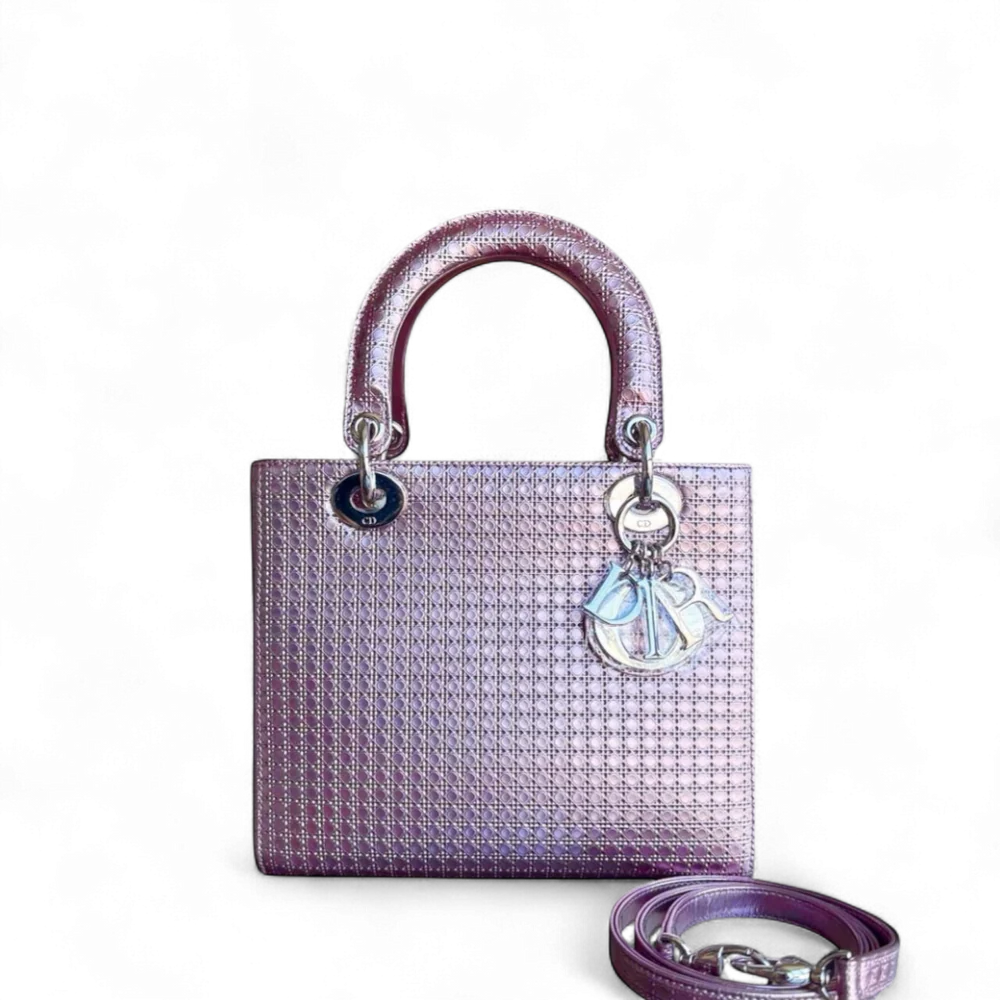 DIOR LADY MEDIUM - MICRO-CANNAGE METALLIC PINK SILVER HARDWARE SYCM510