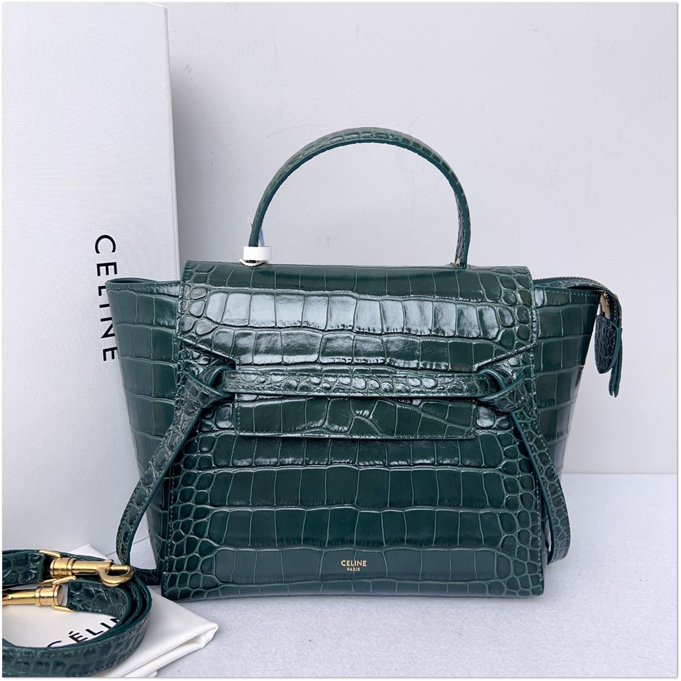 Celine Emerald Green Croc-Embossed Calfskin Belt Bag C18313710277