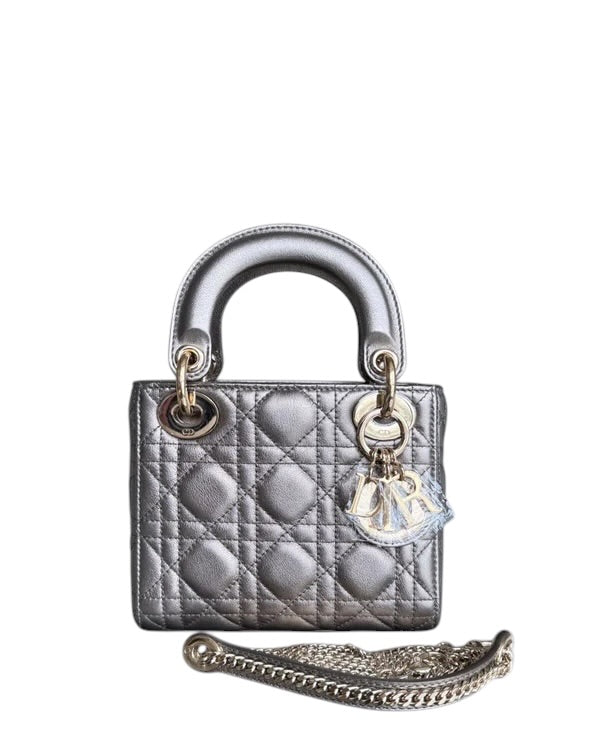 DIOR LADY MINI - CANNAGE CALFSKIN GUNMETAL GOLD HARDWARE CHAIN STRAP SYCMDA114