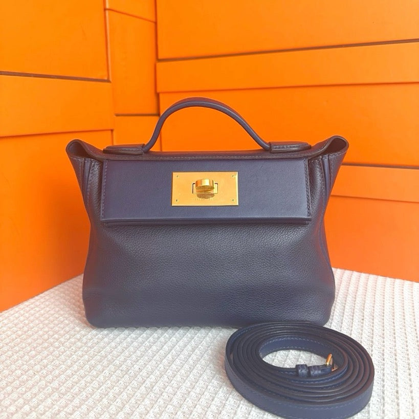 Hermes mini 2424 Midnight Blue and Indigo Blue, Evercolor and Swift Leather, Z-Stamp SYC2198