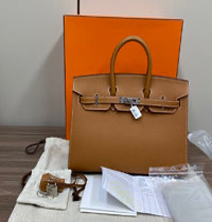 HERMES Birkin 25 Gold Brown Silver Outer Stitching Handbag 3022603070967
