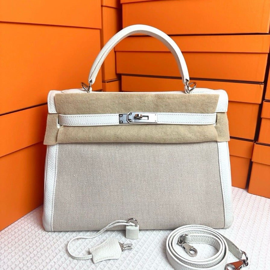 *Hermes Kelly 32 White Clemence / Toile PHW #L - Preloved SYC2199