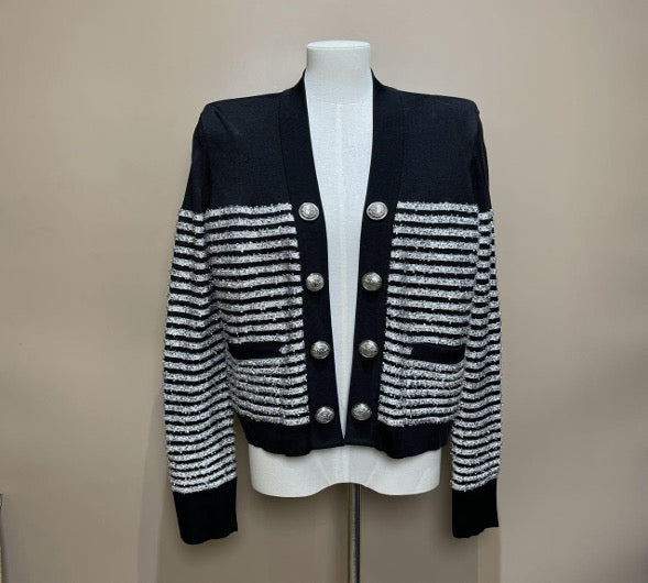 Balmain black and white striped padded-shoulder jacket, size 40 SYCC2081