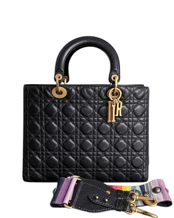 DIOR LADY LARGE FLAP - CALFSKIN CANNAGE BLACK GOLD HARDWARE SYCMDA113