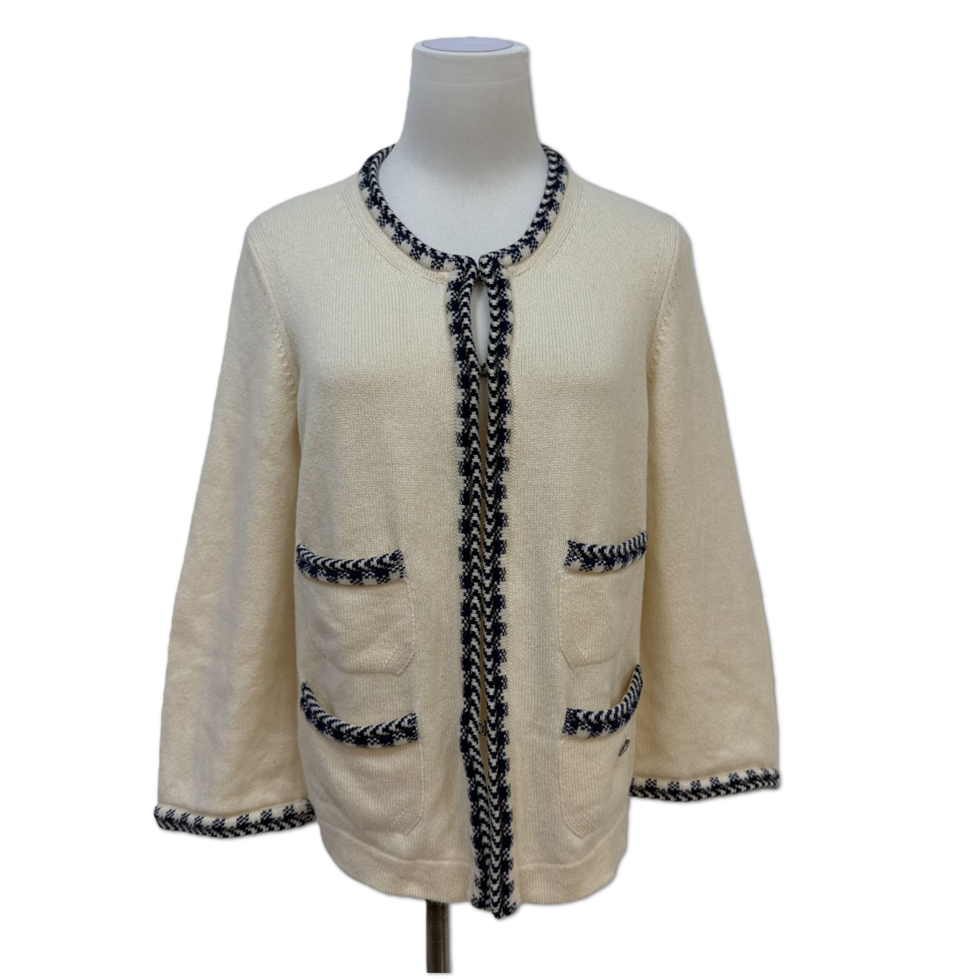 Chanel Cream Houndstooth-Trim Open-Front Knit Cardigan Jacket size 38 HZ1175523382