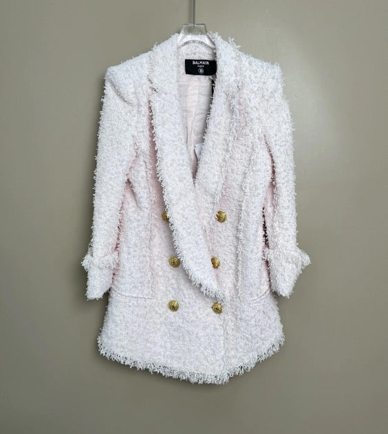 BALMAIN FW22 Solid Color Frayed Double-Breasted Long-Sleeve Jacket, Size 38 SYCC2082