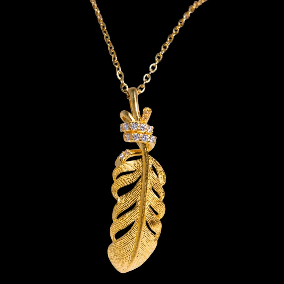 24K Gold Feather Necklace with Diamond Detail