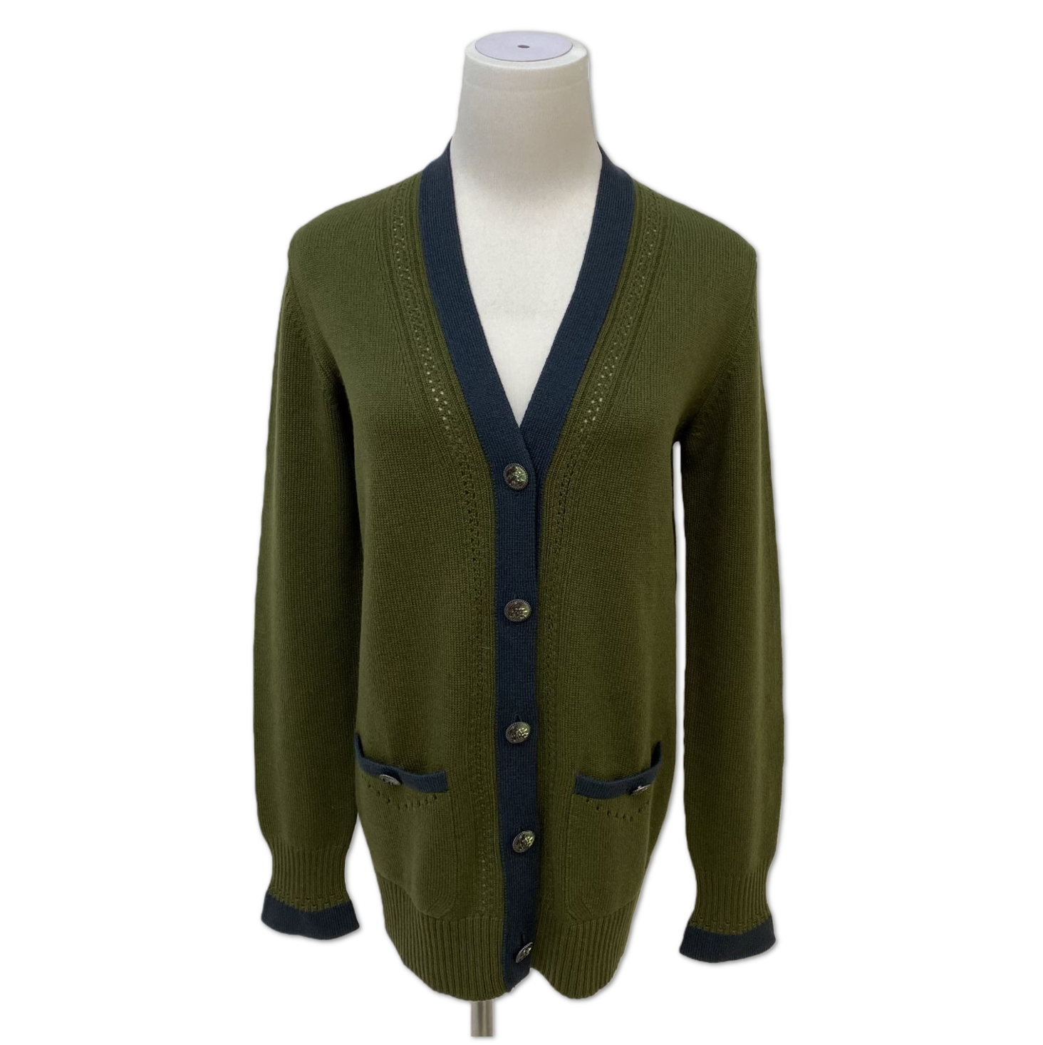 Chanel Olive Green Contrast-Trim Button-Front Cardigan size 36 HZ1173057538