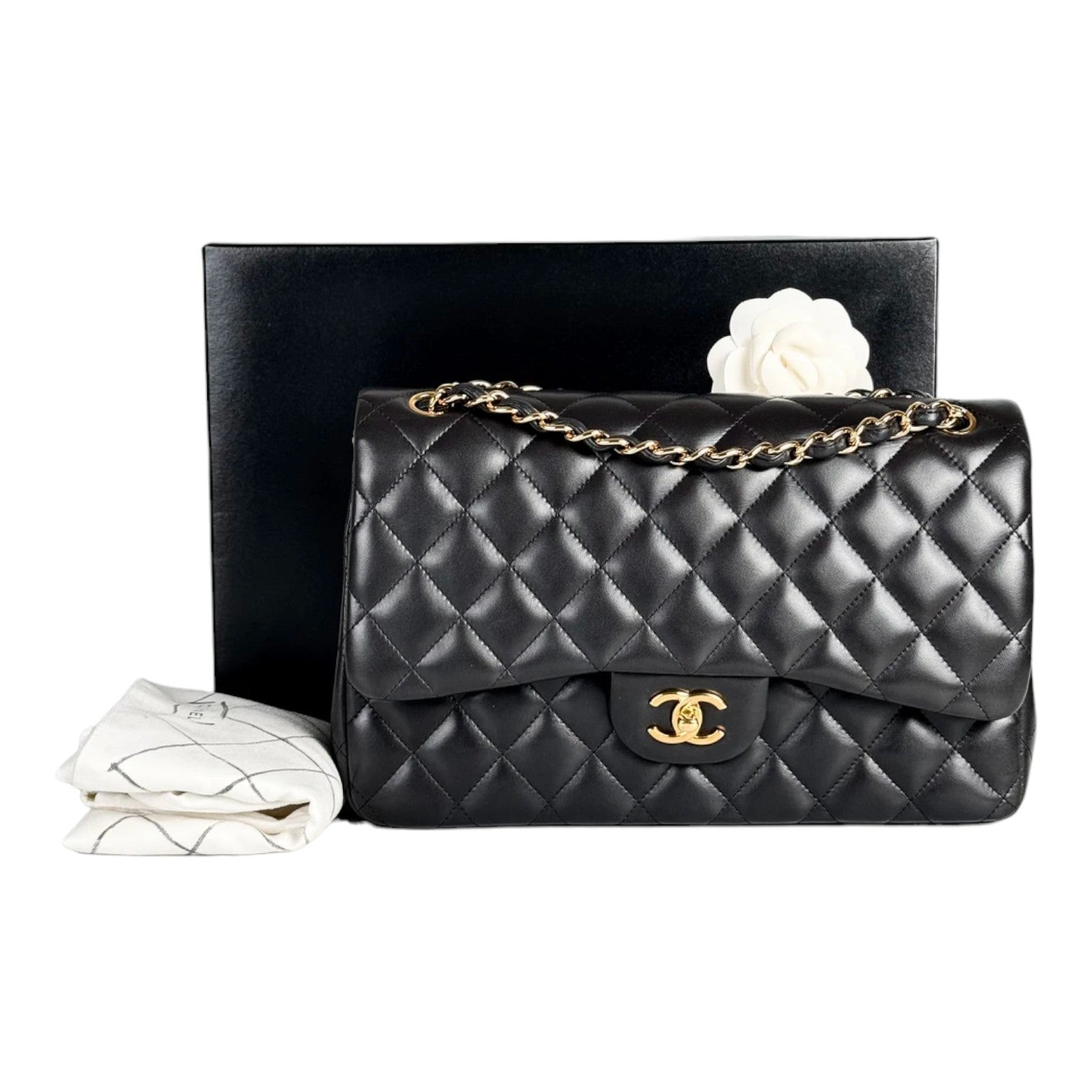 Chanel Black Classic Flap Jumbo Bag with Gold Hardware - Full Set