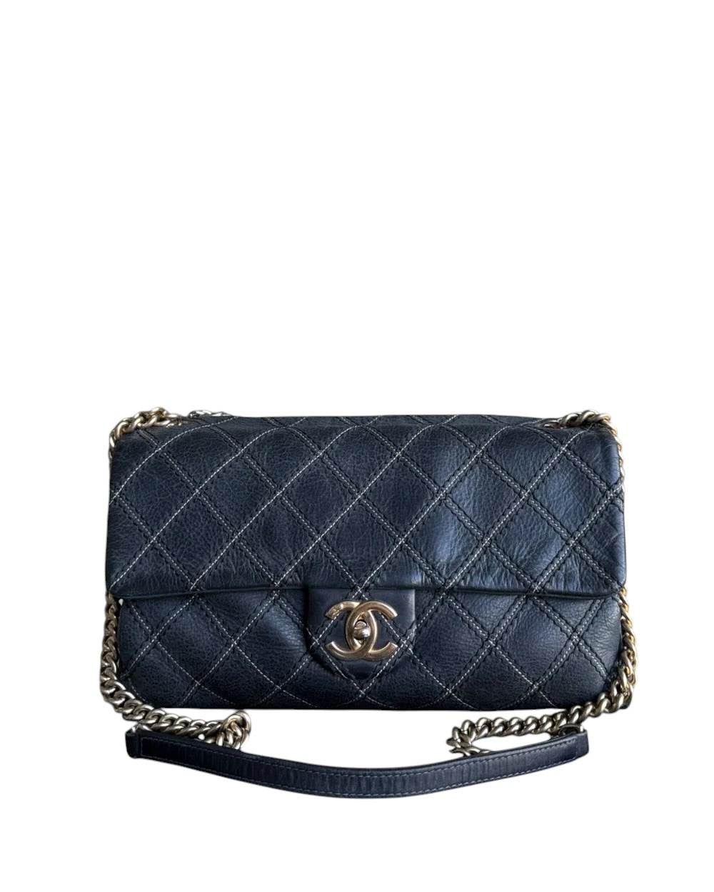 CHANEL SEASONAL FLAP - IRIDESCENT STITCH QUILTED LEATHER DARK BLUE GOLD HARDWARE SERIES 19 SYCMCA101