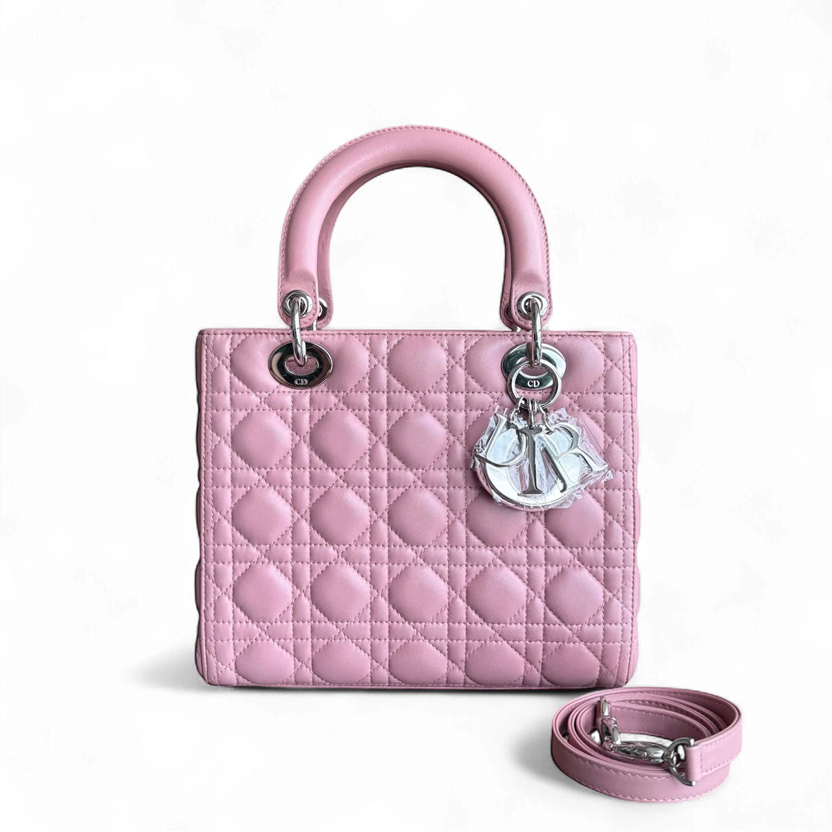 DIOR LADY MEDIUM CANNAGE LAMBSKIN PINK SILVER HARDWARE SYCM493