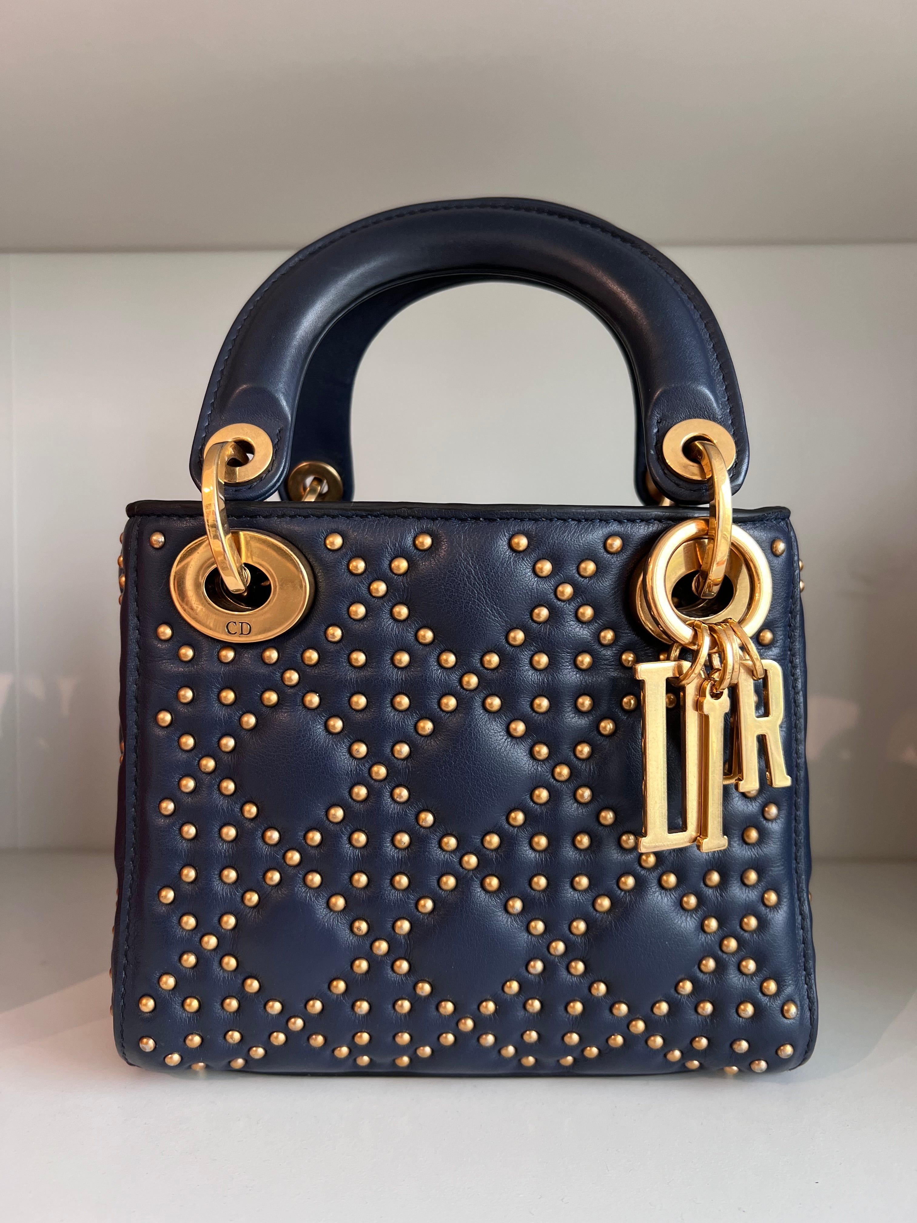 Lady Dior Mini Navy Blue Studded Lambskin GHW SYCM250