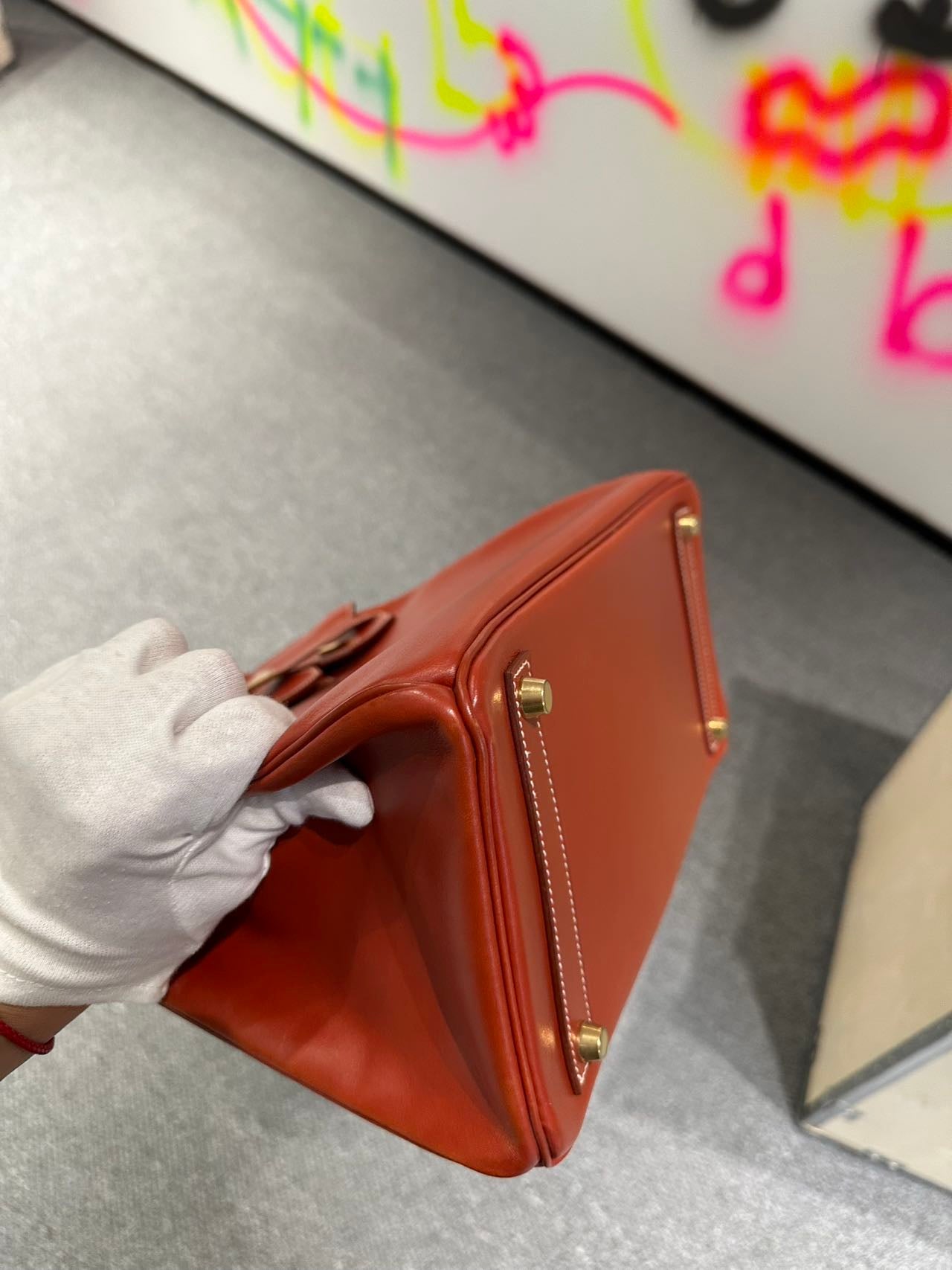 Hermès HAC 32 Brick Red Box Leather Stamp B Pristine Condition