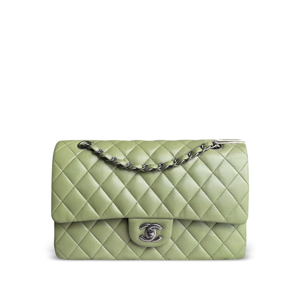 CHANEL CLASSIC FLAP MEDIUM - 25CM QUILTED LAMBSKIN OLIVE GREEN SILVER HARDWARE SERIES 19 SYCM605