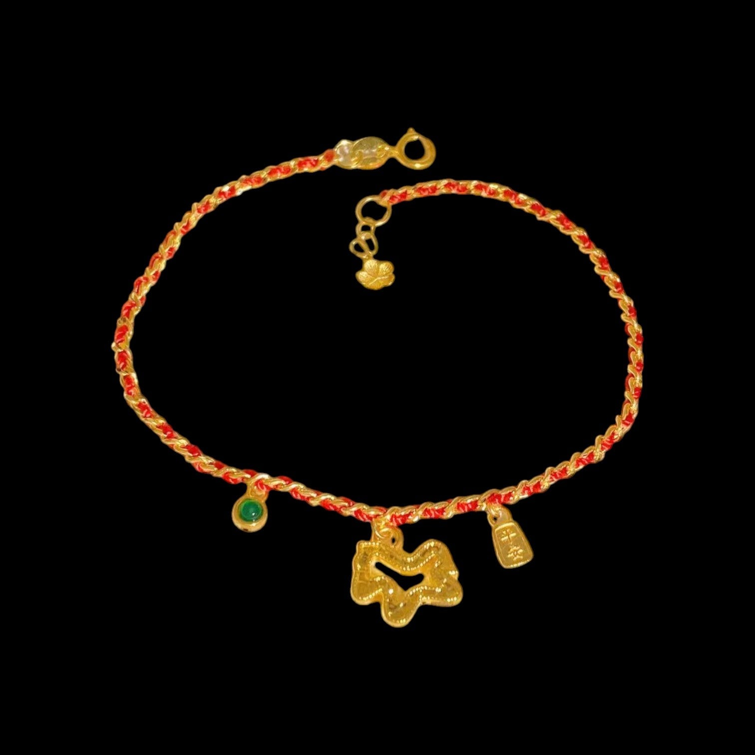 18K Gold Pony Red String Bracelet set in 24k Gold
