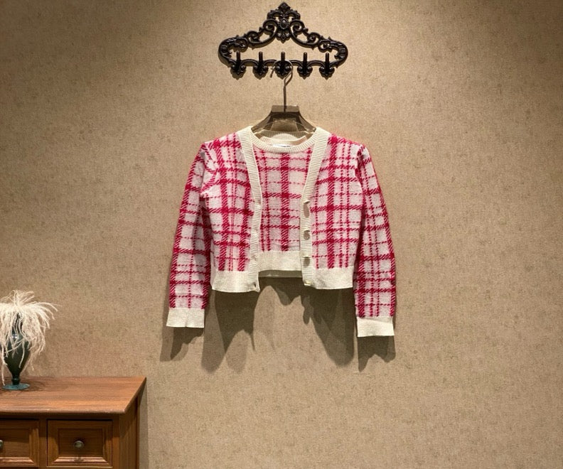 Dior Red and White Check Wool Vest Cardigan Set / Size 36 / 99% New / 35889 SYCF35889