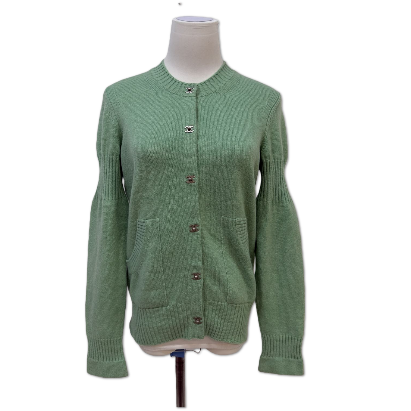 Chanel Sage Green CC Button Knit Cardigan Sweater size 36 HZ1176818757
