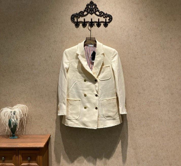 Thom Browne Beige Double-Breasted Wool Blazer with Gold Buttons / Plus Size 40 / 99% New / 41829