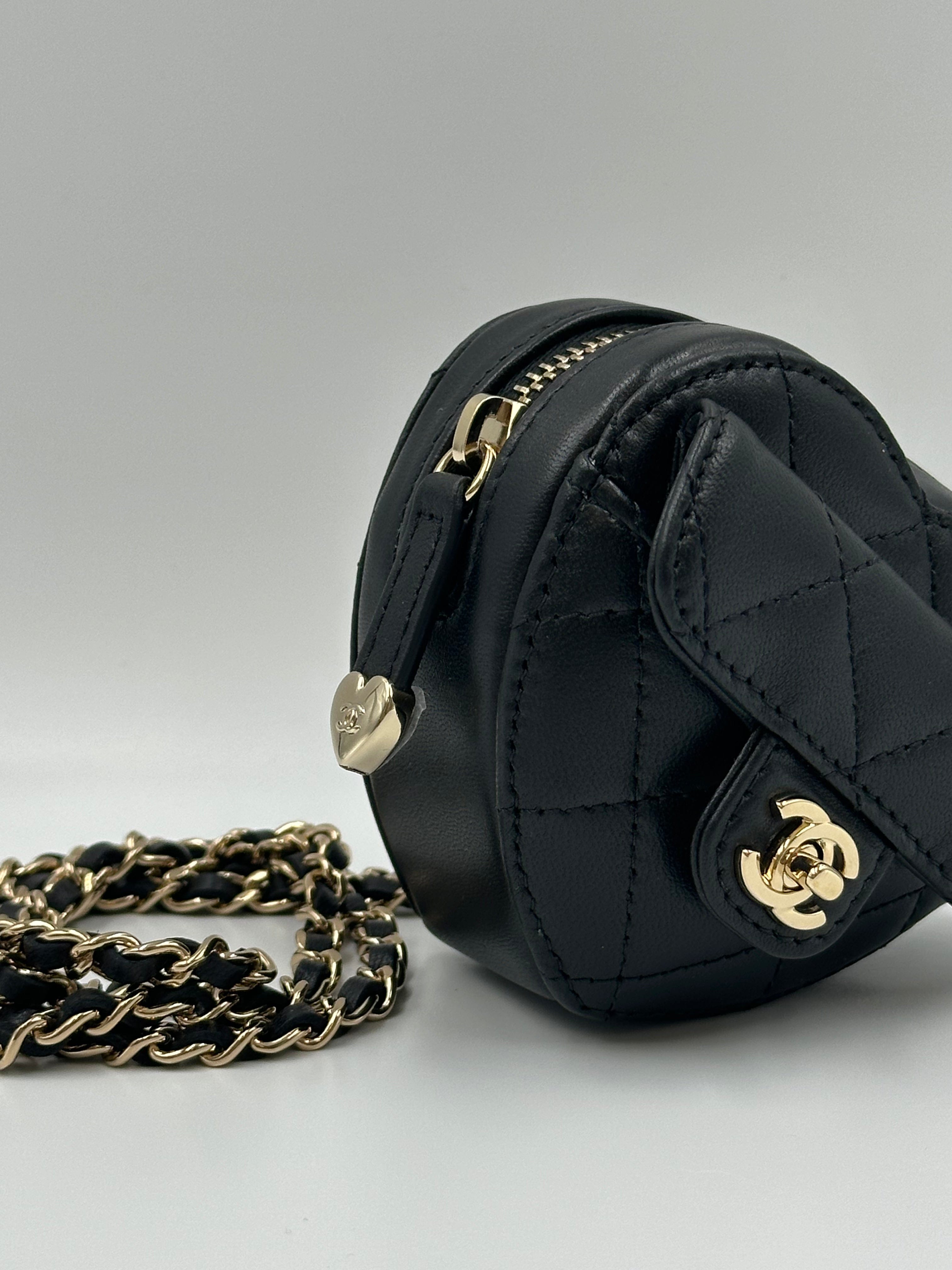 *LONDON LOCATED* CHANEL MINI HEART NECKLACE Black Lambskin Leather with Champagne-Toned Metal