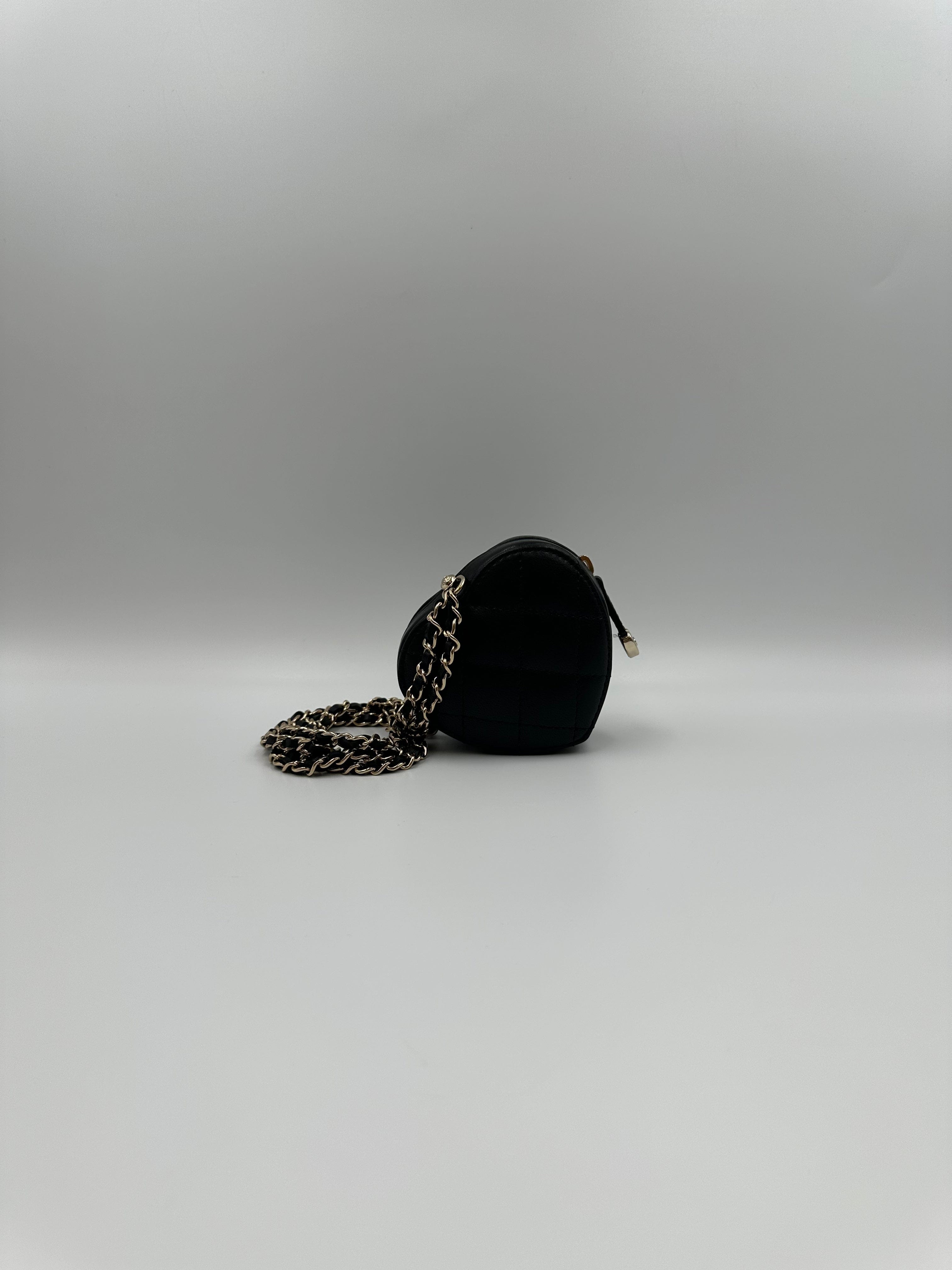 *LONDON LOCATED* CHANEL MINI HEART NECKLACE Black Lambskin Leather with Champagne-Toned Metal