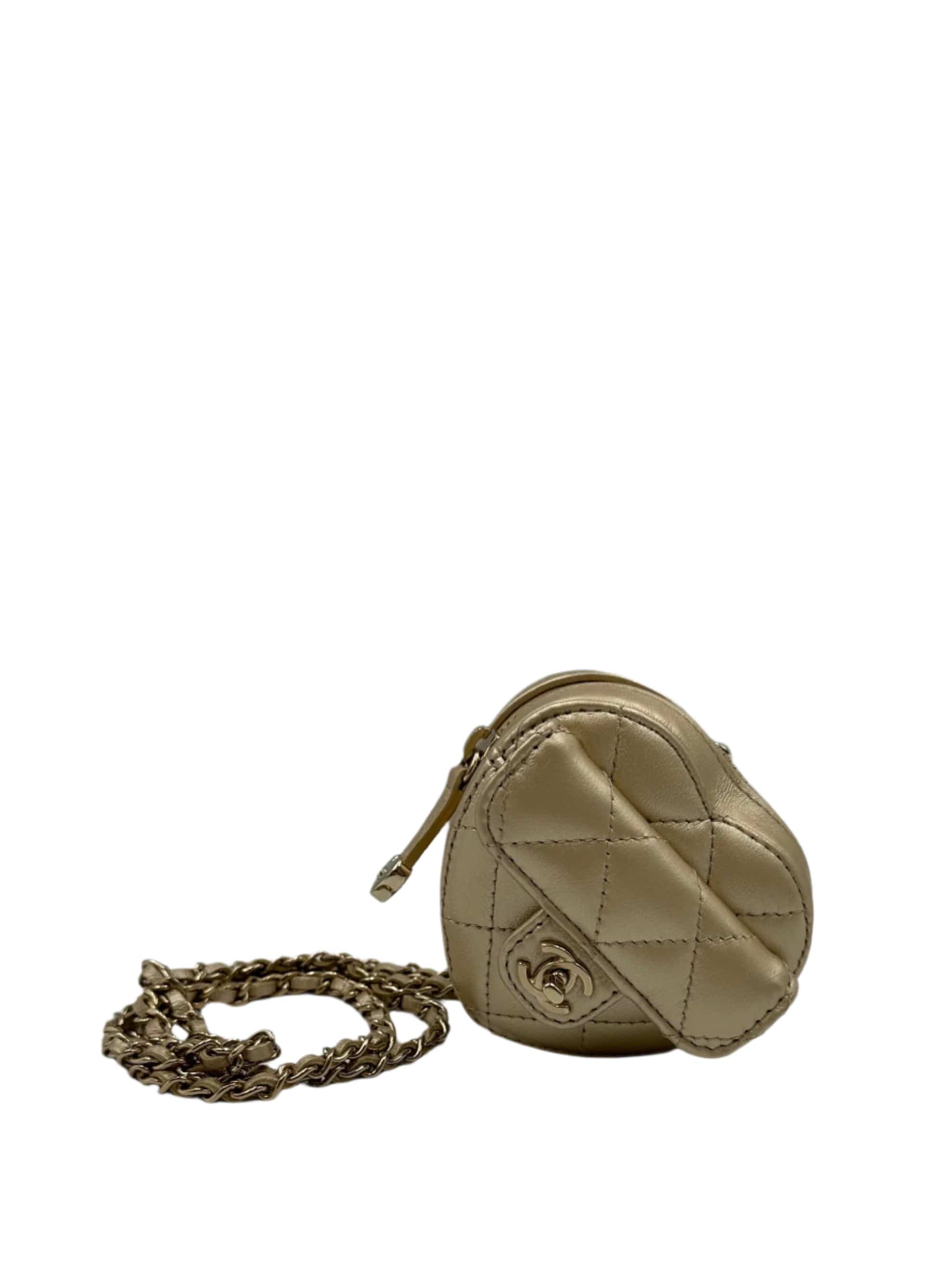 *LONDON LOCATED* CHANEL MINI HEART NECKLACE Gold Lambskin Leather with Champagne-Toned Metal