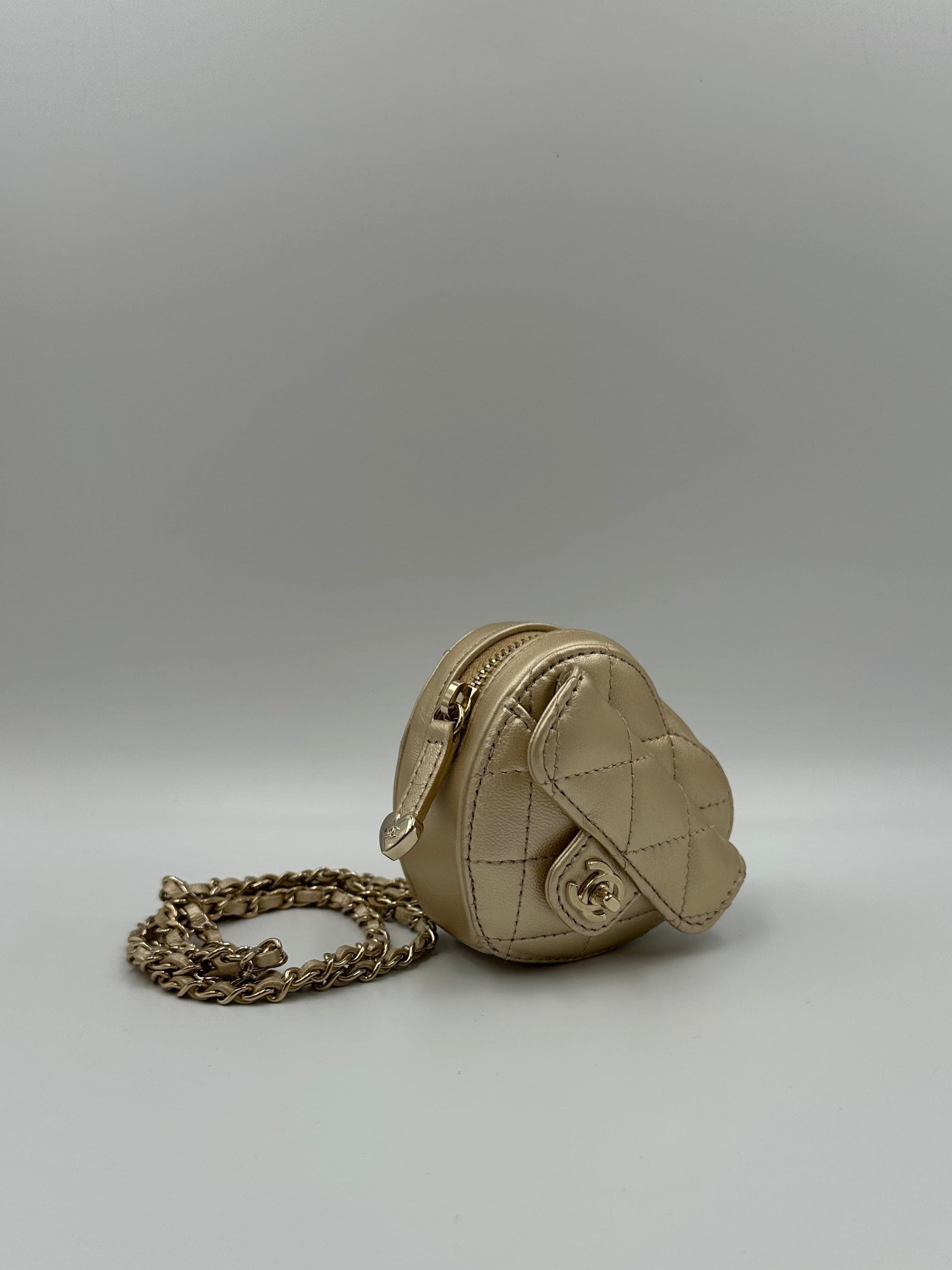 *LONDON LOCATED* CHANEL MINI HEART NECKLACE Gold Lambskin Leather with Champagne-Toned Metal