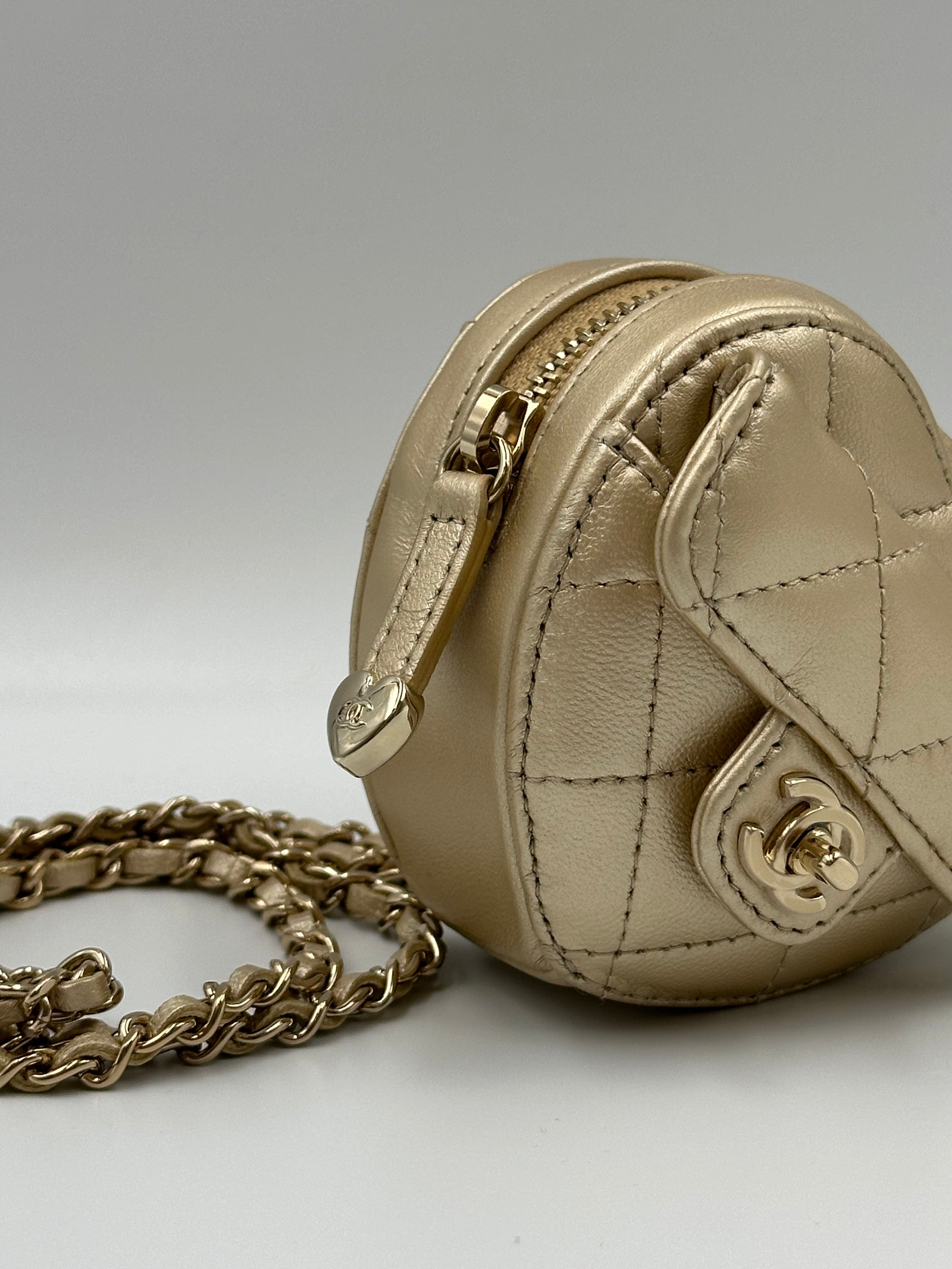 *LONDON LOCATED* CHANEL MINI HEART NECKLACE Gold Lambskin Leather with Champagne-Toned Metal