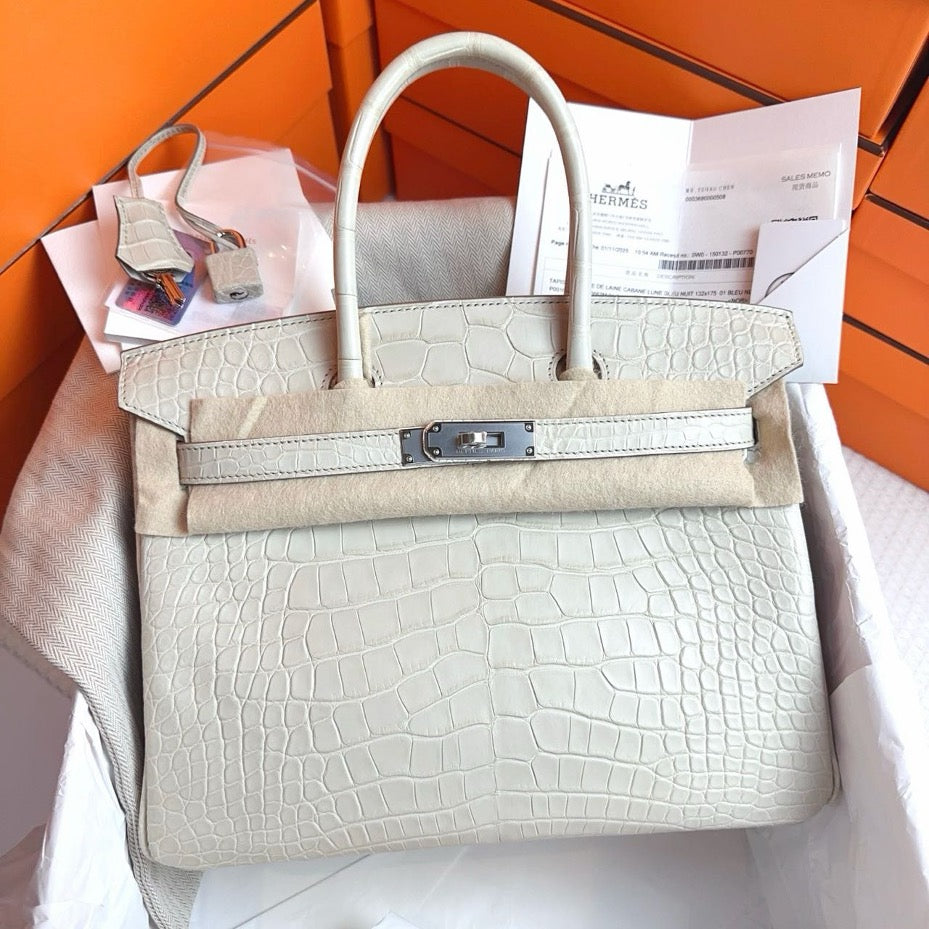Hermes Birkin 30 8L Glacier White, Silver Hardware, Matte Alligator W Engraving SYC2203
