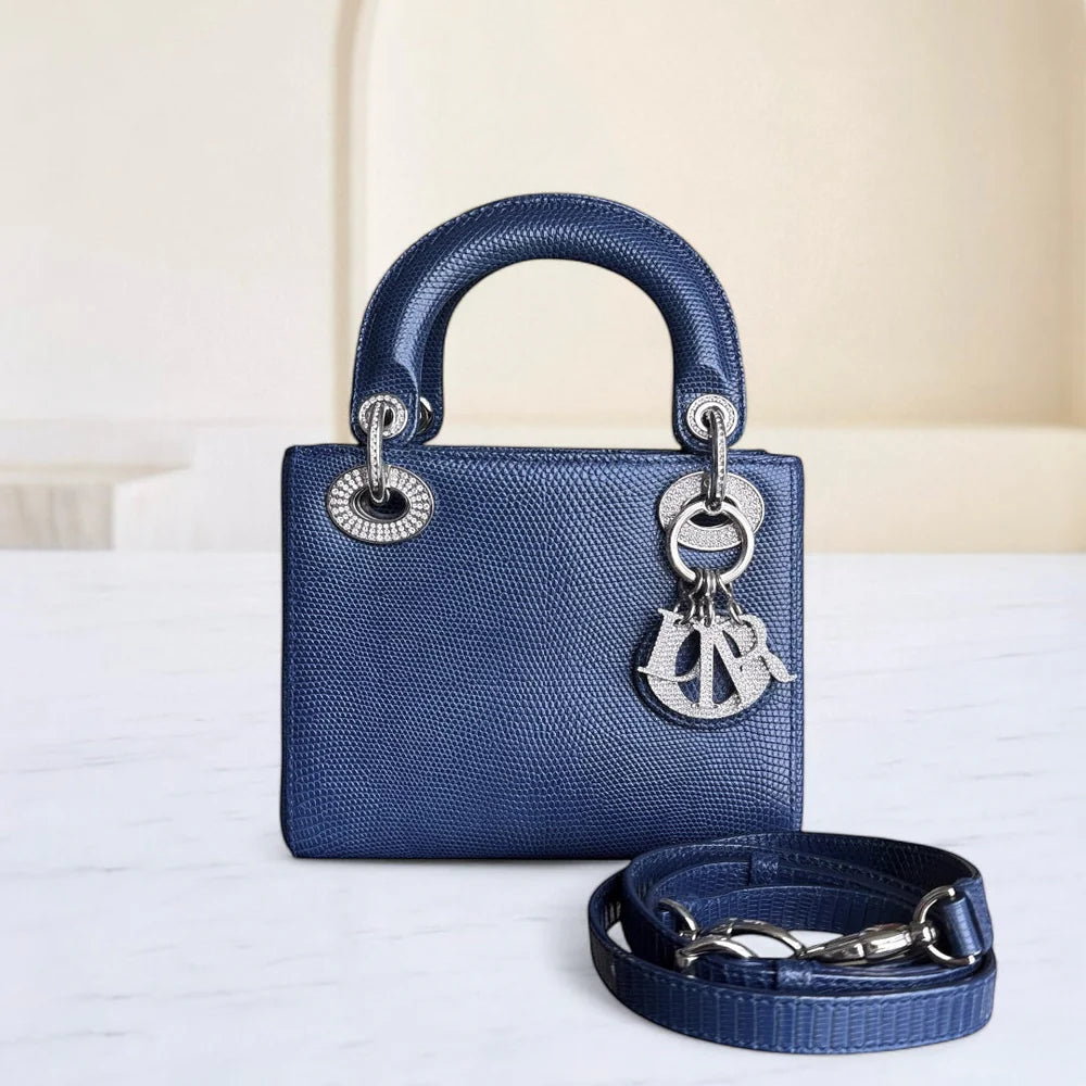 DIOR LADY MINI - EXOTIC LIZARD LIMITED EDITION SWAROVSKI CRYSTAL SILVER HARDWARE SYCM479