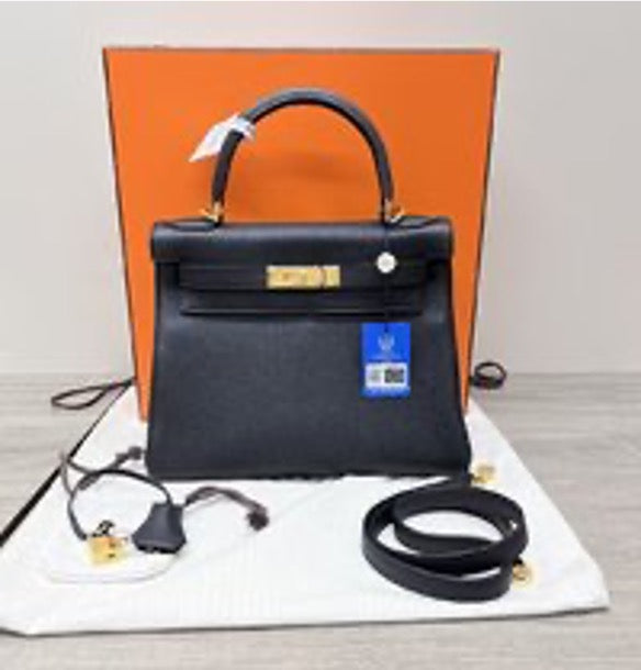 HERMES Kelly 28 Black and Gold Handbag/Shoulder/Crossbody Bag 3032603146301