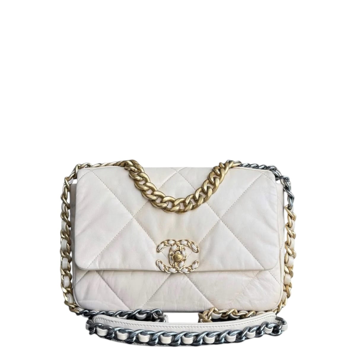 CHANEL 19 BAG SMALL- C19 QUILTED GOATSKIN LIGHT BEIGE CREAM TWO-TONE HARDWARE SERIES 30 SYCM618