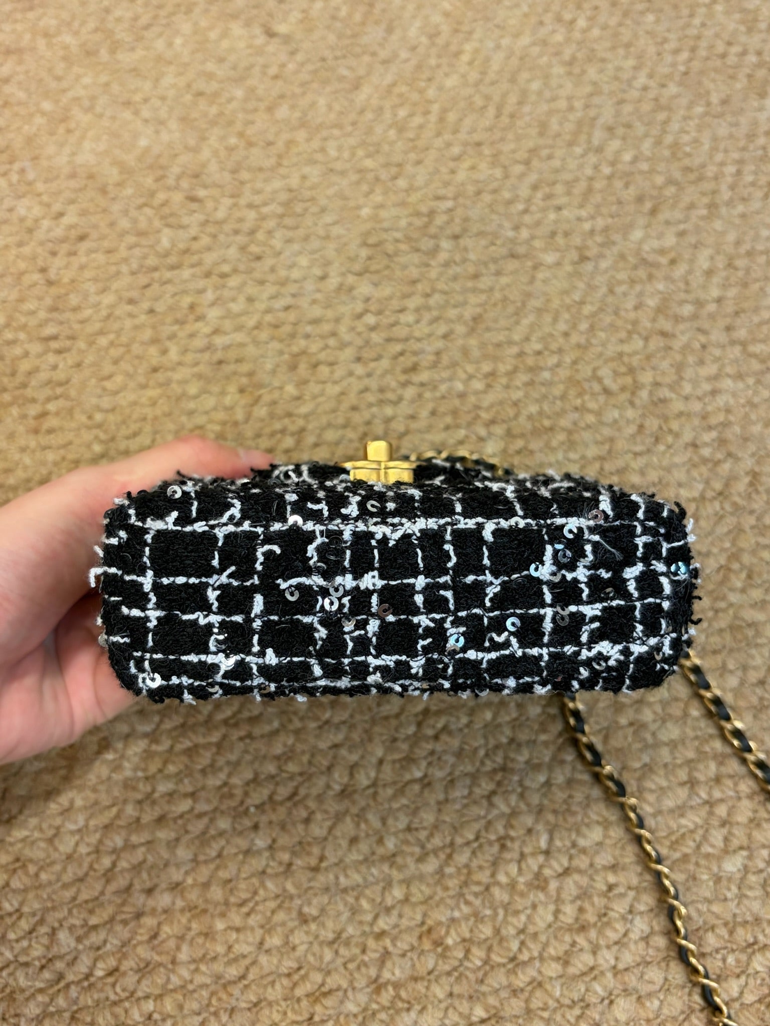 Chanel Tweed Quilted Nano Kelly Shopper Black White