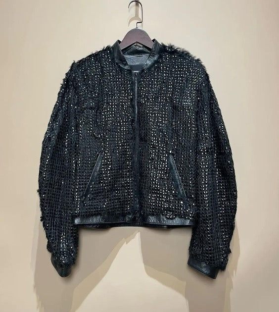 CELINE Women's Solid Color Sequined Long-Sleeve Leather Jacket, Black, Size 42 SYCC2090
