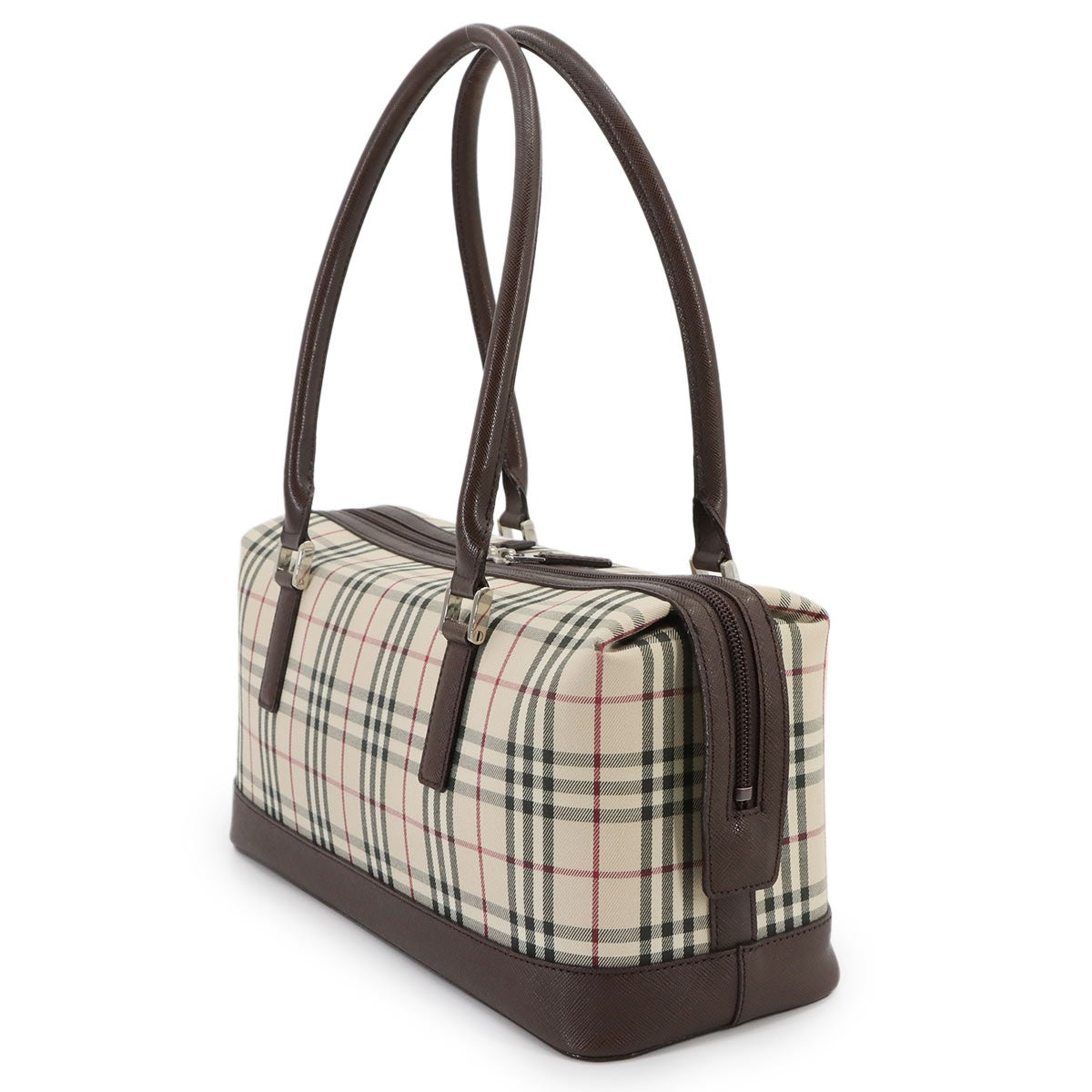 BURBERRY Plaid Hand Bag Canvas Leather Beige Brown Purse 903010642