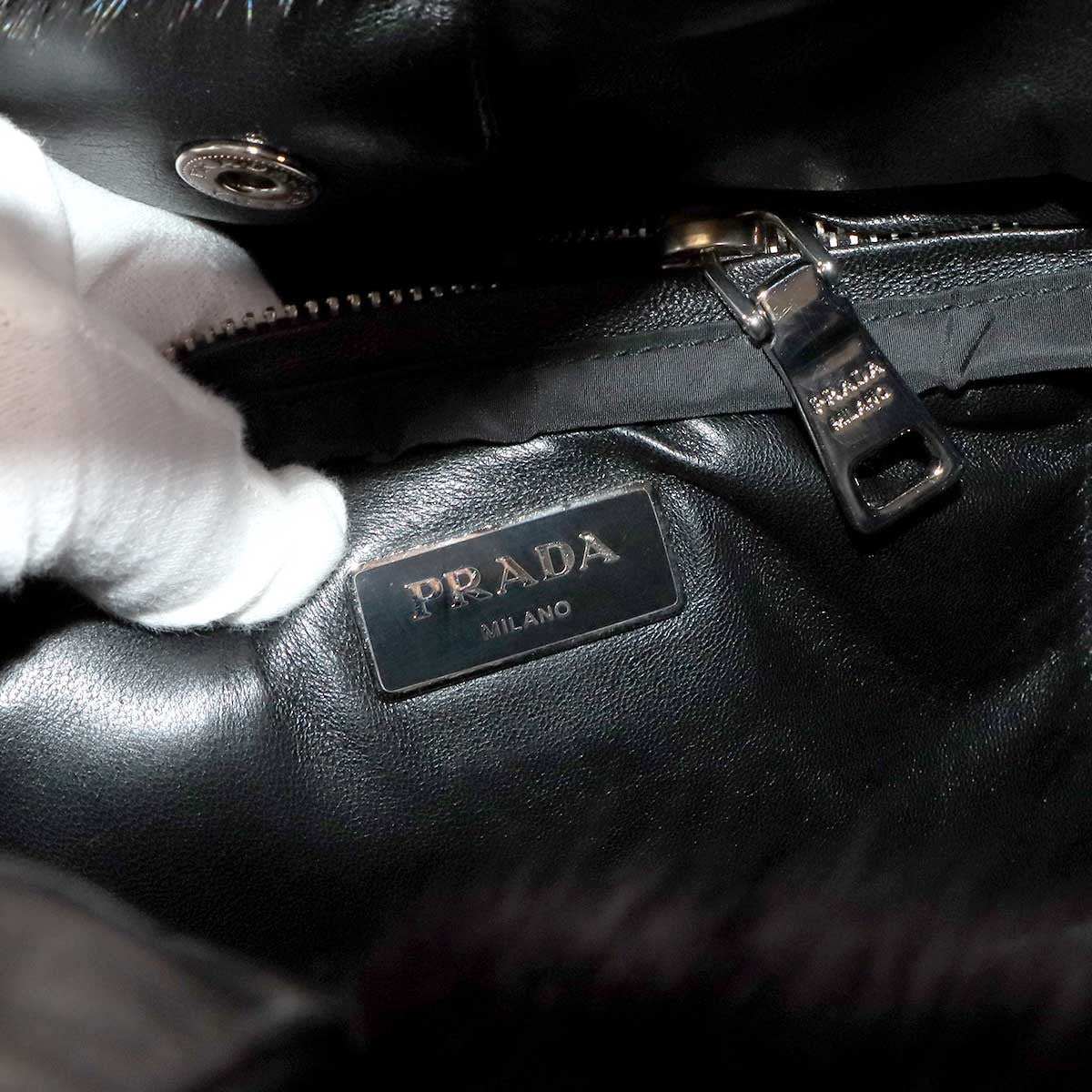 PRADA 2way Tote Shoulder Bag Leather Fur Black Purse 902819997