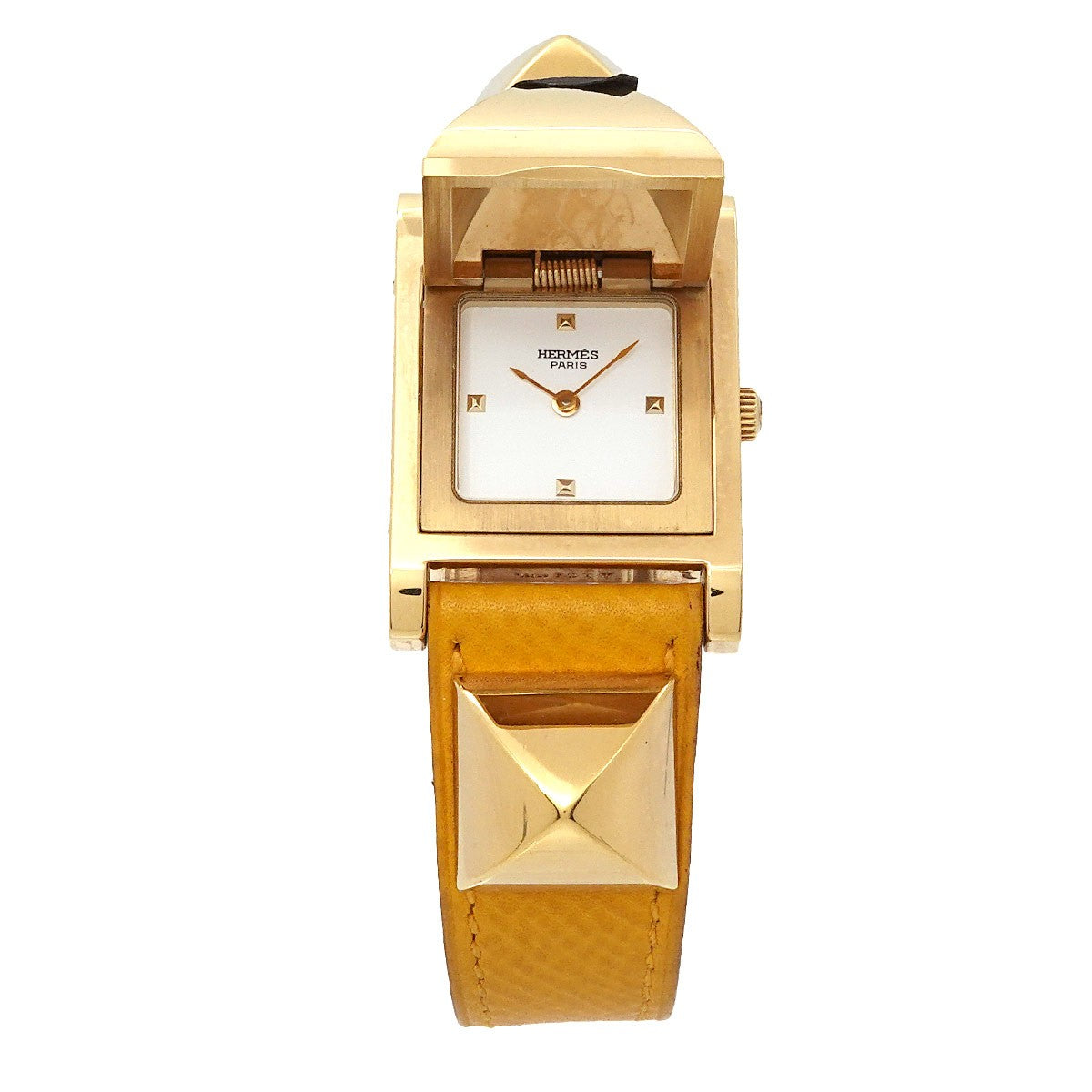 HERMES Medor Vintage pyramid Gold studs Quartz White Dial Ladies 903305000