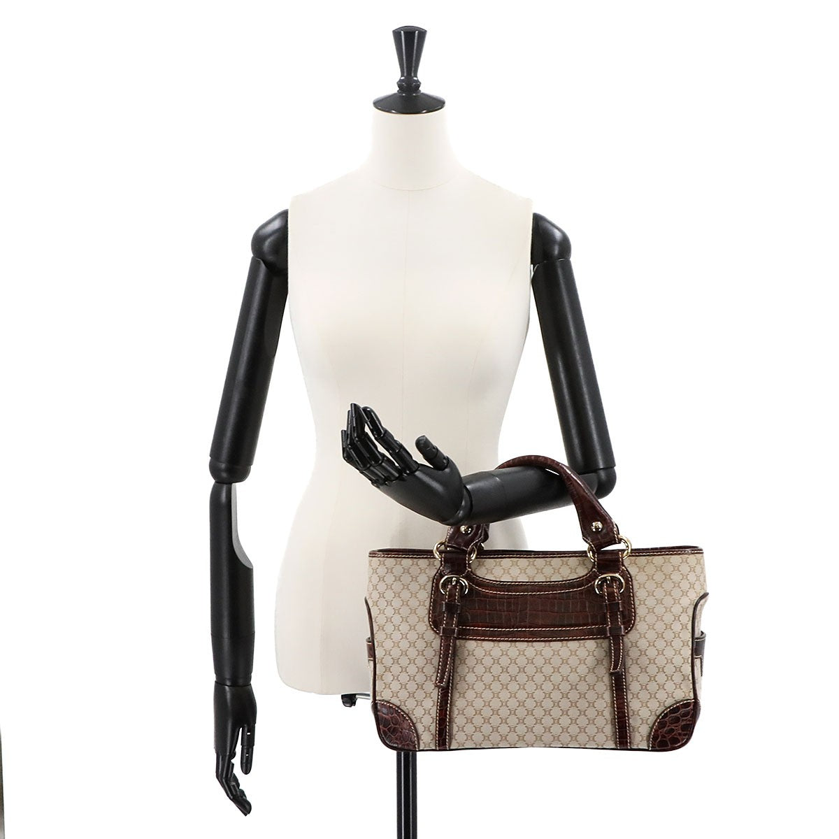 CELINE Macadam Boogie Hand Bag Canvas Leather Beige Brown Vintage