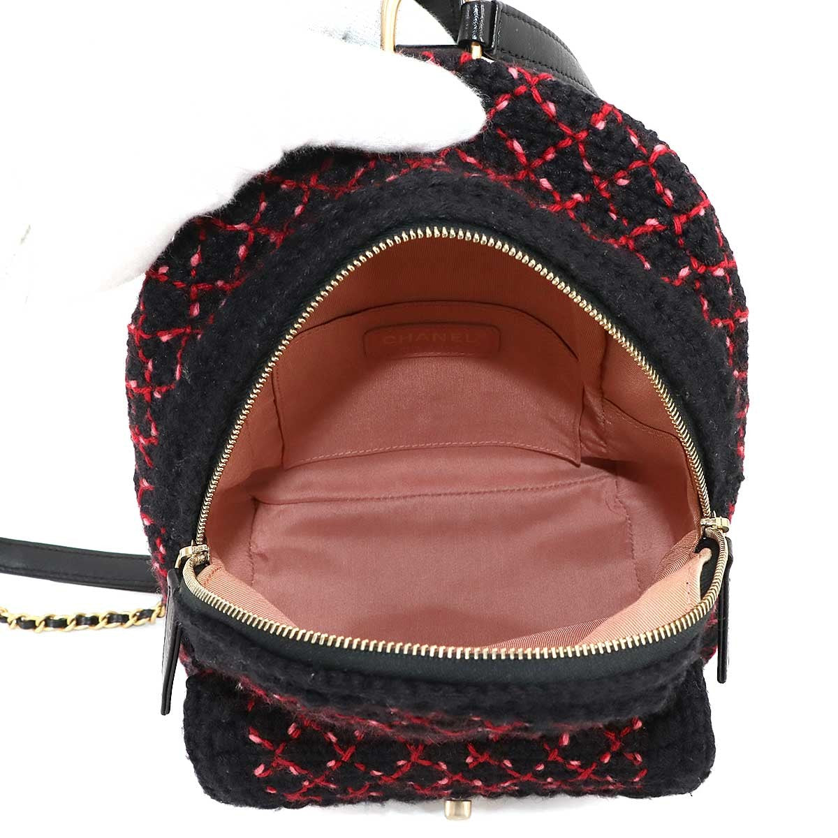 CHANEL Back Pack Knit tweed Leather Black Red A91925 Coco Logos 902768404