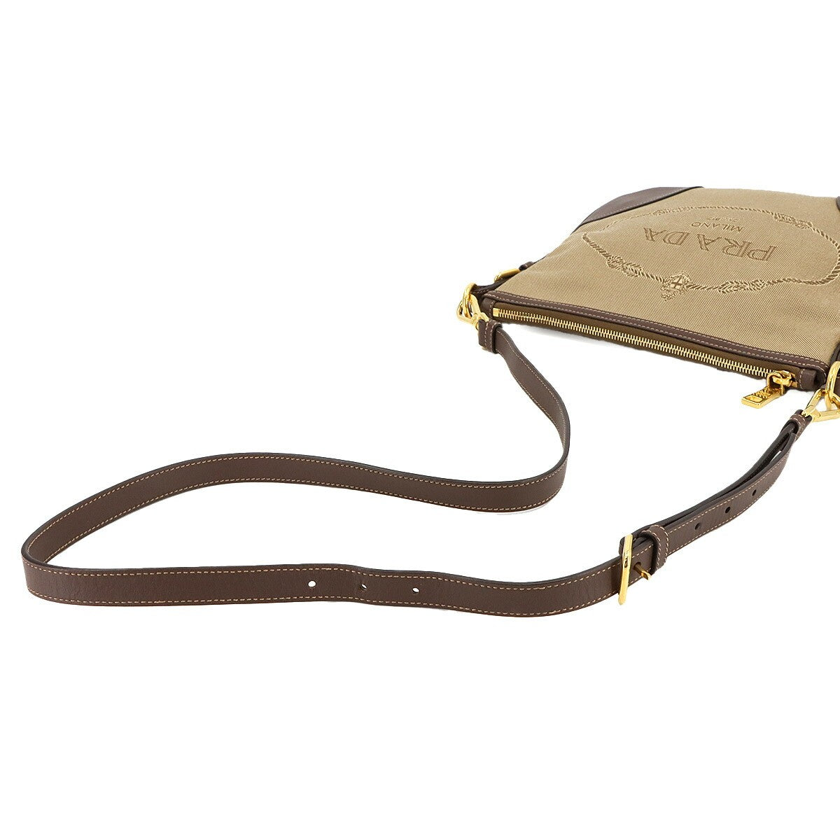 PRADA Logo Jacquard Shoulder Bag Canvas Leather Beige Brown Purse 903015515