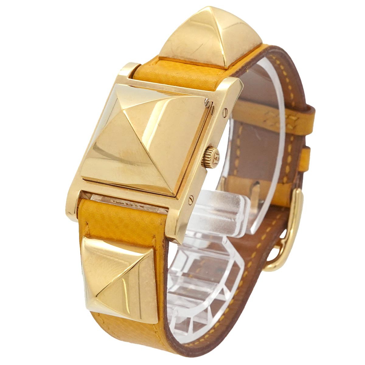 HERMES Medor Vintage pyramid Gold studs Quartz White Dial Ladies 903305001