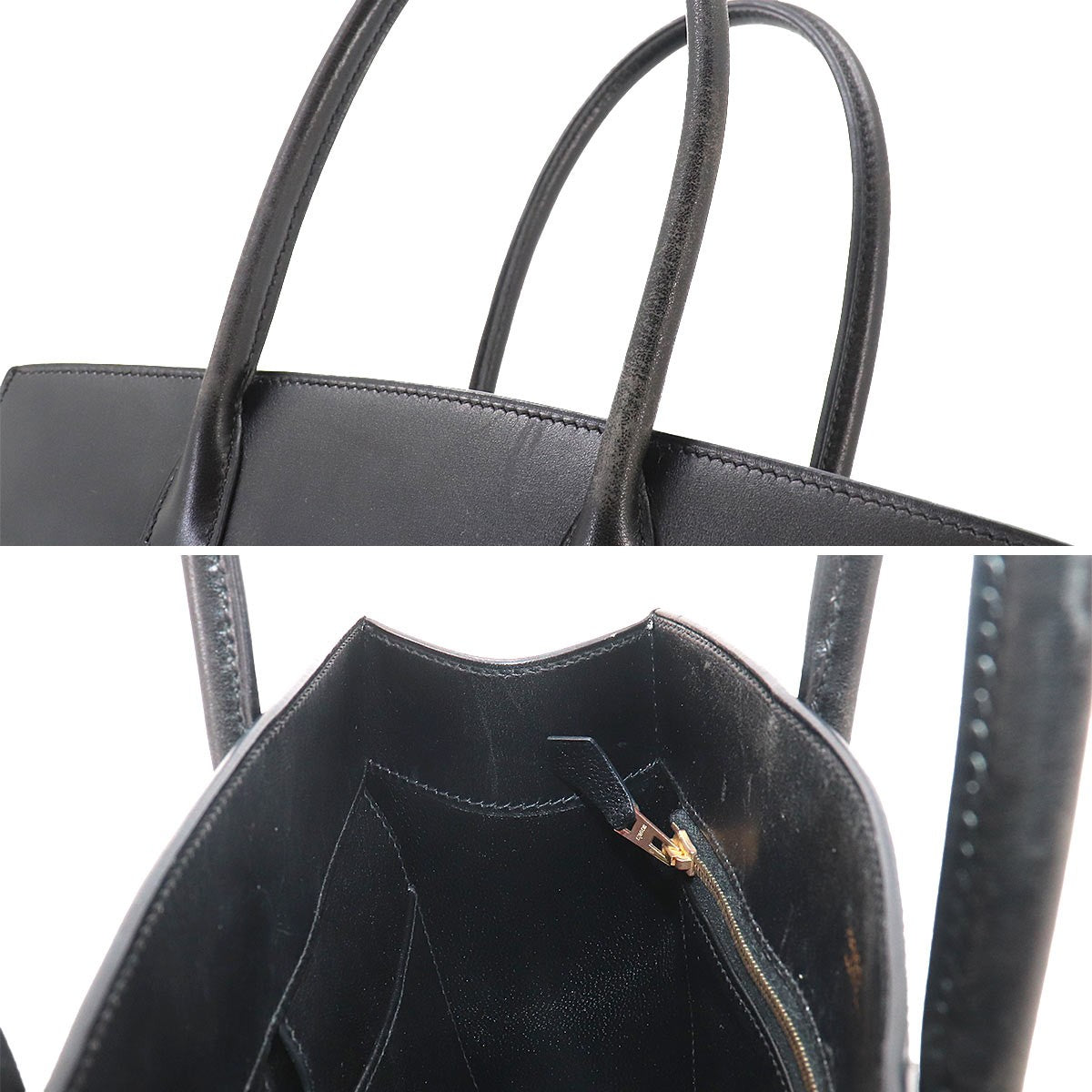 HERMES White Bass PM Tote Bag Box Calf Black Purse 903342108