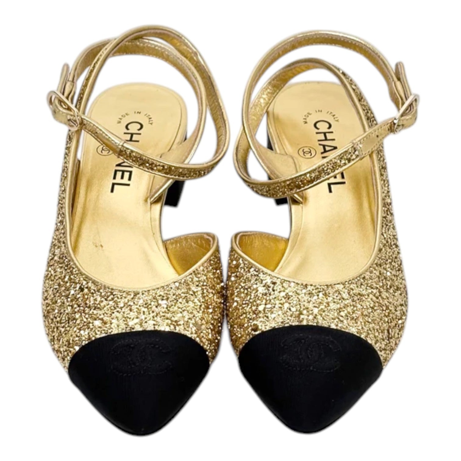 Chanel 21A Gold and Black Sling Back Shoes - Size 38.5